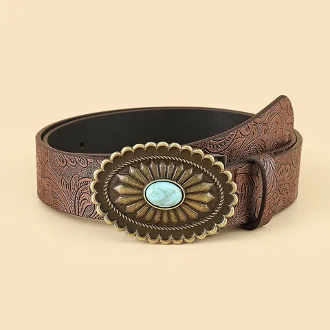 Cintura in Ecopelle Goffrata Vintage Bohemian da Donna Con Grande Fibbia Ovale Turchese Stile Etnico Western