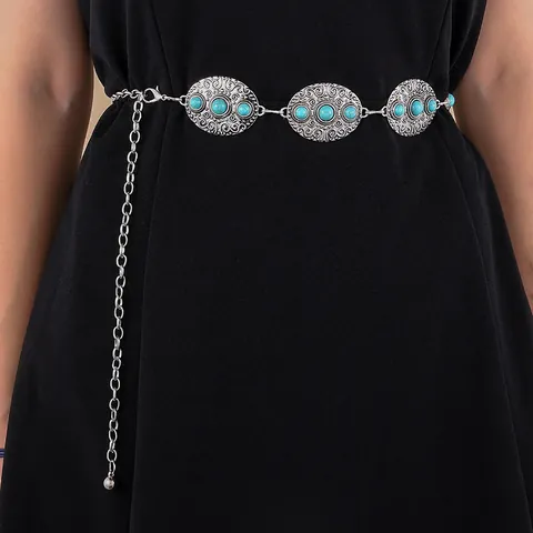 Catena da Vita in Metallo Boho Vintage Con Turchese Sintetico Cintura in Lega Intagliata per Donna Abito Regolabile Gioielli