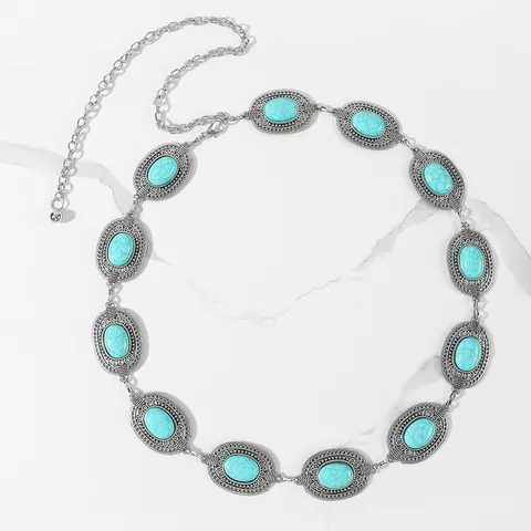 Bohemian Vintage Silver Metal Waist Chain For Women Carved Oval Synthetic Turquoise Inlaid Adjustable Belly Belt Jewelry