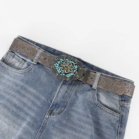 Bohemian Western Cowboy PU Leather Belt For Women Retro Embossed Floral Buckle Turquoise Rhinestone Decorative Waist Seal
