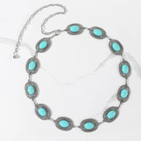 Bohemian Vintage Silver Metal Waist Chain For Women Carved Oval Synthetic Turquoise Inlaid Adjustable Belly Belt Jewelry
