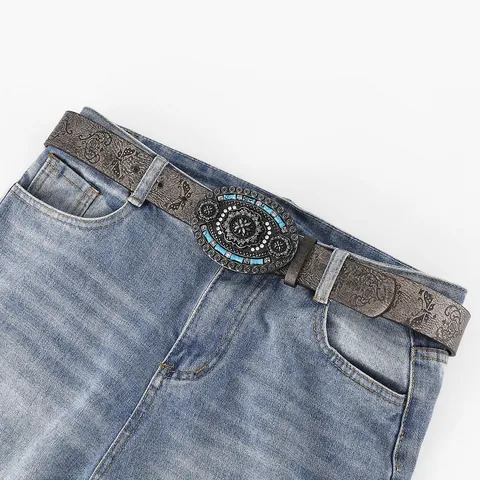 Cintura in Pelle PU Western Vintage da Donna Grande Fibbia Ovale Incisa Con Turchese Strass Cinturino in Rilievo Floreale