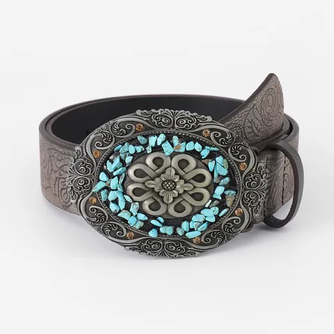 Bohemian Western Cowboy PU Leather Belt For Women Retro Embossed Floral Buckle Turquoise Rhinestone Decorative Waist Seal