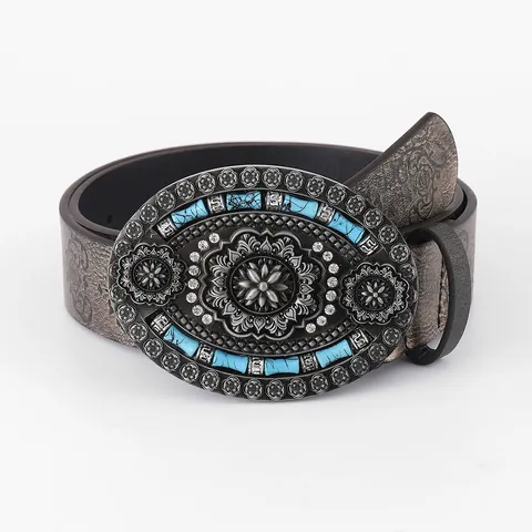 Cintura in Pelle PU Western Vintage da Donna Grande Fibbia Ovale Incisa Con Turchese Strass Cinturino in Rilievo Floreale