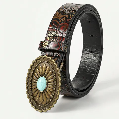 Bohemian Vintage Women Belt Embossed Floral PU Leather With Turquoise Alloy Buckle Western Ethnic Style Accessories