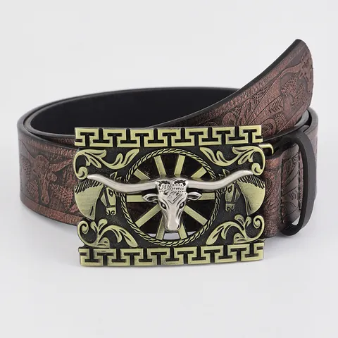 Western Cowboy PU Leather Belt Men Women Vintage Bull Head Carved Alloy Buckle Embossed Casual Waist Strap Jewelry Gift