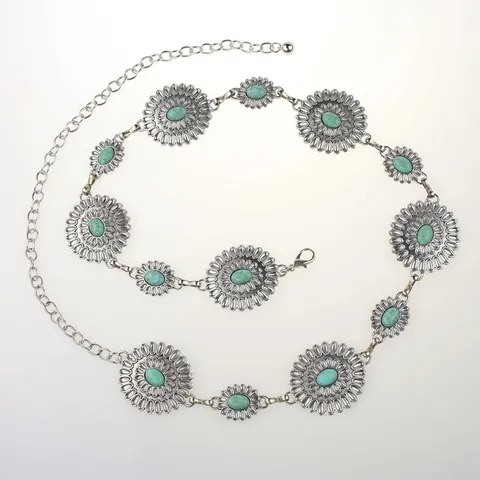 Catena da Vita Donna Vintage Bohemienne in Lega d'Argento con Fiori e Decorazione in Turchese Sintetico Cintura Regolabile Etnica