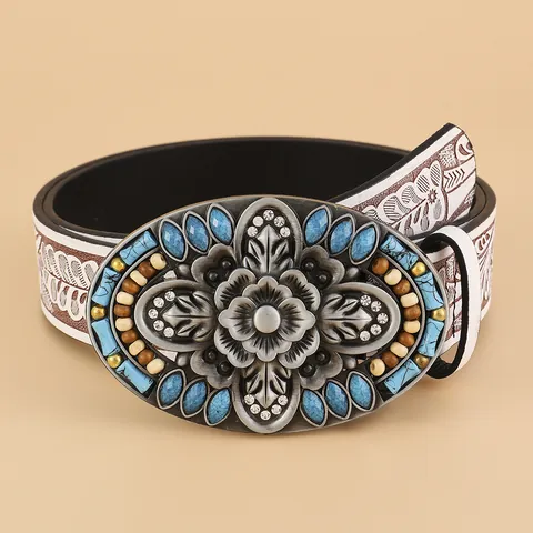 Cintura da Donna Bohemian in Pelle PU Vintage Grande Fibbia in Lega Floreale Con Turchese Sintetico e Strass Accessorio Etnico
