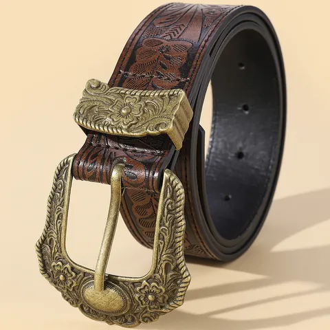 Vintage Bohemian PU Leather Belt For Women Western Cowboy Carved Alloy Buckle Floral Embossed Ethnic Style Waist Strap