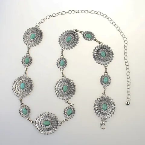 Catena da Vita Donna Vintage Bohemienne in Lega d'Argento con Fiori e Decorazione in Turchese Sintetico Cintura Regolabile Etnica
