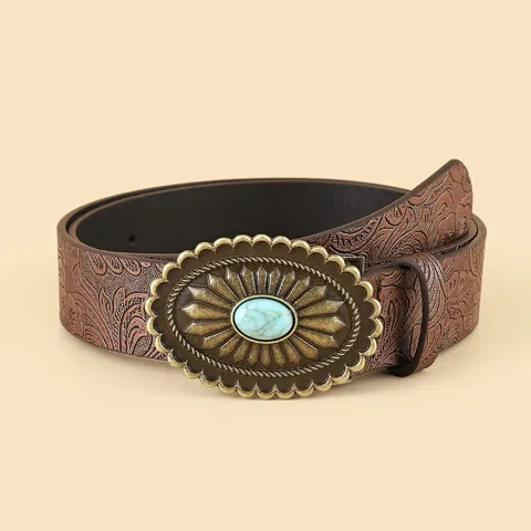 Cintura in Pelle PU Vintage Bohemien Per Donna Stile Western Cintura a Vita in Rilievo Con Fibbia Grande in Turchese Per Jeans