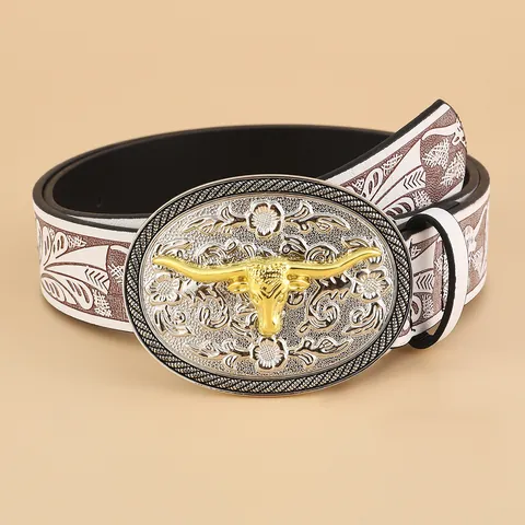 Western Cowboy Stil Gürtel Für Damen Herren Longhorn Stierkopf Metallschnalle Weißes PU Leder Geprägte Blumen Retro Boho Accessoire
