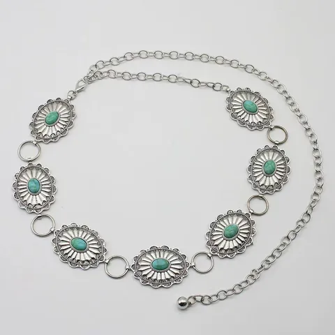 Cintura a Catena in Metallo Argentato Vintage Bohemian per Donna Turchese Intarsiato Raggio di Sole Catena da Vita Regolabile