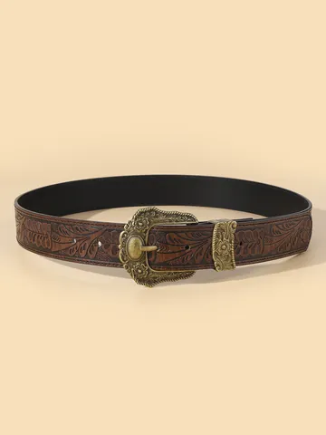 Vintage Bohemian PU Leather Belt For Women Western Cowboy Carved Alloy Buckle Floral Embossed Ethnic Style Waist Strap