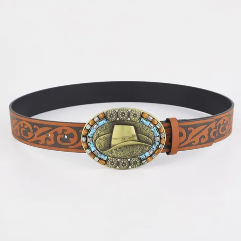 Cintura Western Cowboy Vintage Cinturino in Pelle PU Boemia Con Fibbia a Cappello a Motivo a Volute Strass Turchese