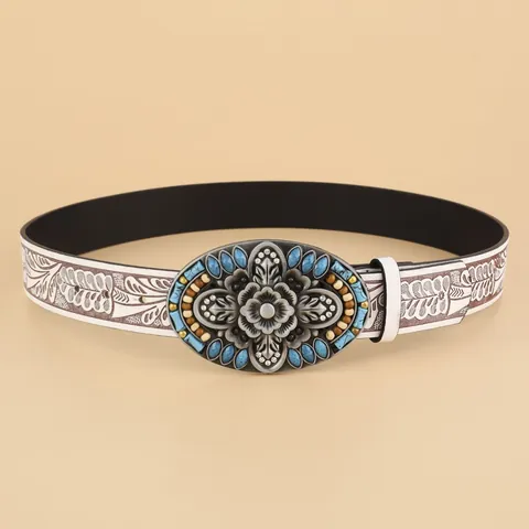 Cintura da Donna Bohemian in Pelle PU Vintage Grande Fibbia in Lega Floreale Con Turchese Sintetico e Strass Accessorio Etnico