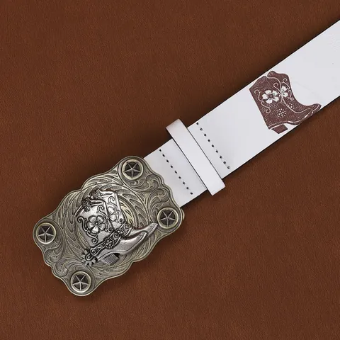 Ceinture Cowboy de l'Ouest Vintage pour Femmes en Cuir PU Blanc Avec Imprimé Bottes de Cowboy Marron et Boucle en Métal Gaufrée