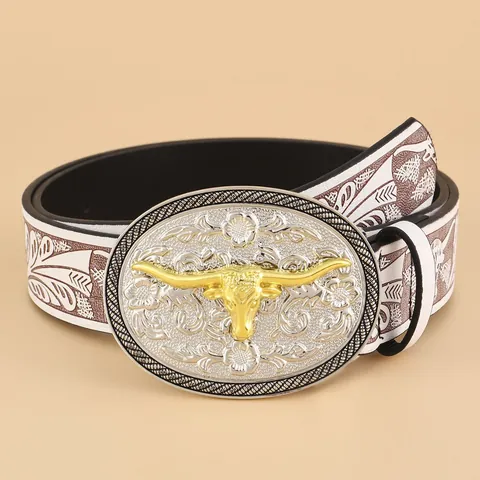 Western Cowboy Stil Gürtel Für Damen Herren Longhorn Stierkopf Metallschnalle Weißes PU Leder Geprägte Blumen Retro Boho Accessoire