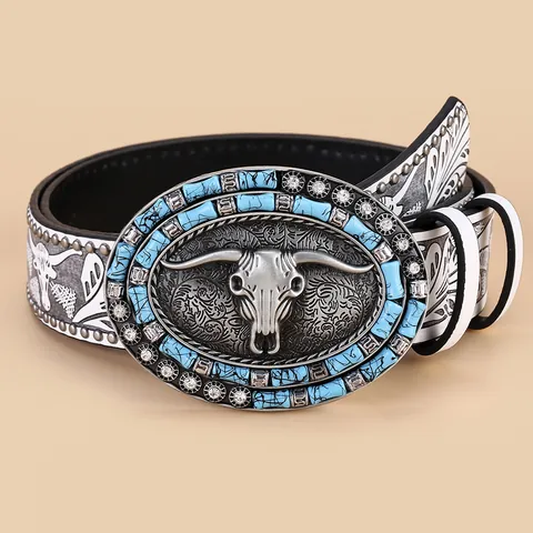 Western Vintage Cowboy Belt For Women Alloy Bull Head Skull Buckle With Turquoise Rhinestone Embossed PU Leather Strap White Belt