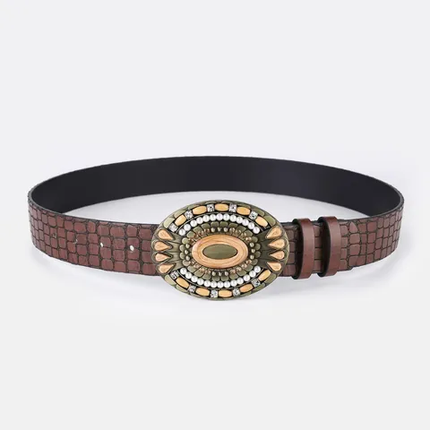 Bohemian Retro Women PU Leather Belt Crocodile Pattern Large Oval Metal Buckle Rhinestone Artificial Pearl Inlaid Ethnic Waistband