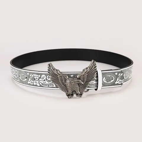 Vintage Ethnic Eagle Buckle PU Leather Belt For Women Western Cowboy Punk Floral Print White Black Girdle Accessory