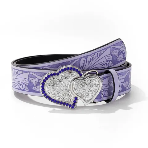 Women Western PU Leather Belt Double Heart Rhinestone Buckle Vintage Bull Head Floral Pattern Cowboy Waist Strap