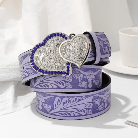 Women Western PU Leather Belt Double Heart Rhinestone Buckle Vintage Bull Head Floral Pattern Cowboy Waist Strap