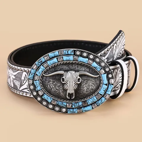 Western Vintage Cowboy Belt For Women Alloy Bull Head Skull Buckle With Turquoise Rhinestone Embossed PU Leather Strap White Belt