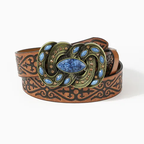 Vintage Bohemian Wide PU Leather Belt For Women Embossed Waistband Large Antique Bronze Buckle Blue Stone Inlaid Ethnic