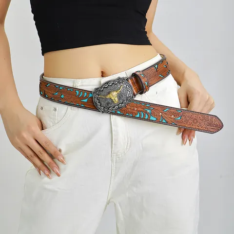 Women Western Vintage PU Leather Belt With Bull Head Buckle Embossed Floral Pattern Cowboy Decorative Waist Belt Brown