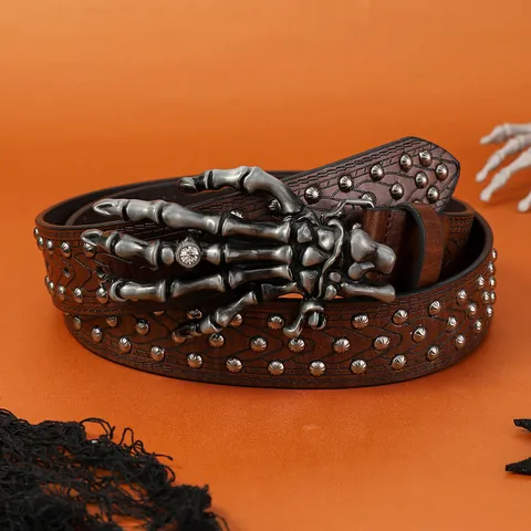 Ceinture Vintage Gothique Punk en Cuir PU Pour Femme Avec Boucle Main de Squelette Argentée Rivets Strass Ceinture Halloween