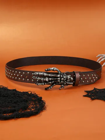 Ceinture Vintage Gothique Punk en Cuir PU Pour Femme Avec Boucle Main de Squelette Argentée Rivets Strass Ceinture Halloween