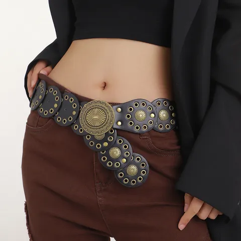 Women Vintage Western Belt PU Leather Circular Patchwork Y2K Waistband Large Bronze Alloy Relief Buckle Dress Casual Wear