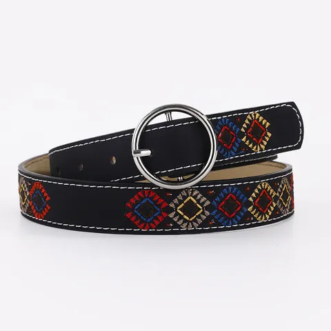 Cintura da Donna in Pelle PU Con Ricamo Etnico Motivo Floreale Bohémien Cintura Vintage Con Fibbia Rotonda in Lega