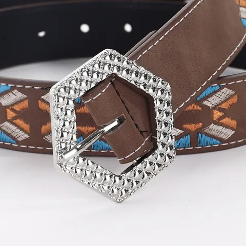 Women Vintage Ethnic Style Belt Embroidered Geometric Pattern Rhombus PU Leather Bohemian Accessory Hexagon Alloy Buckle