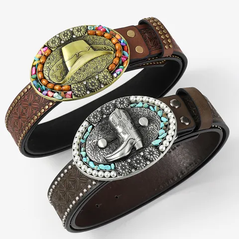Cintura Vintage Western in Pelle PU per Uomo Donna Motivo Floreale Goffrato Cowboy Stivale Cappello Fibbia Borchie Boho