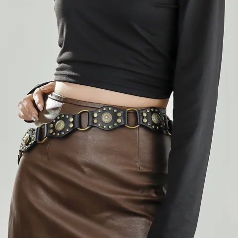 Cinturón Bohemio Vintage Para Mujer Correa De Cuero PU Ancha Decorativa Con Hebilla Redonda Tallada Grande Y Remaches Para Vestidos