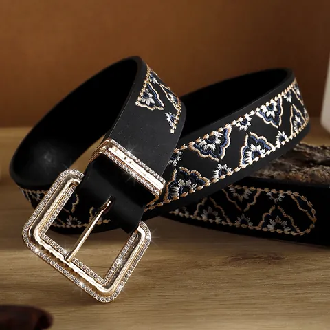 Women's Vintage Ethnic Floral Embroidered PU Leather Belt Rhinestone Square Buckle Fashion Waistband Boho Decorative Cinch Belt