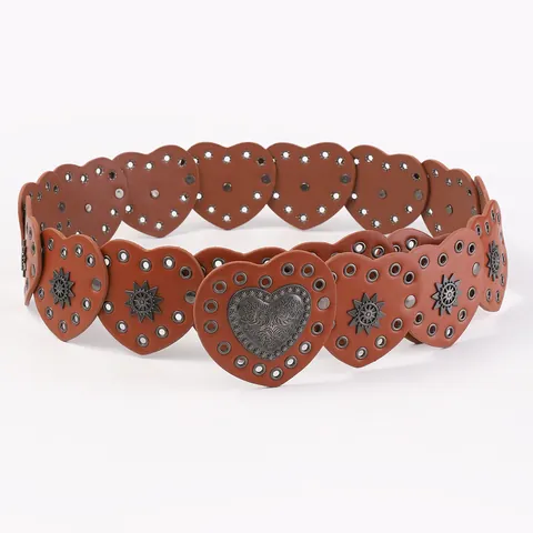 Women's Vintage Bohemian Western Cowboy Heart Shaped PU Leather Belt With Carved Alloy Buckle Star Rivets Hollow Waist Belt