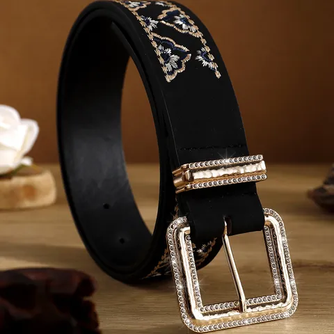 Women's Vintage Ethnic Floral Embroidered PU Leather Belt Rhinestone Square Buckle Fashion Waistband Boho Decorative Cinch Belt