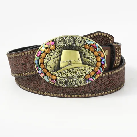 Cintura Vintage Western in Pelle PU per Uomo Donna Motivo Floreale Goffrato Cowboy Stivale Cappello Fibbia Borchie Boho