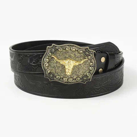 Vintage Western Cowboy Belt For Men Women Embossed PU Leather Waist Belt With Bull Skull Buckle Turquoise Rhinestone Decorative Belt