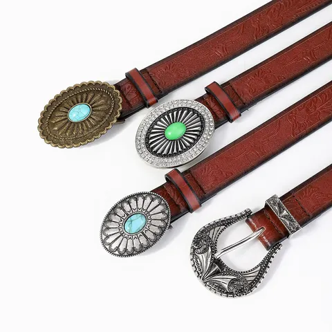 Western Vintage Embossed PU Leather Belt For Women With Decorative Alloy Buckle Turquoise Rhinestone Waistband For Jeans