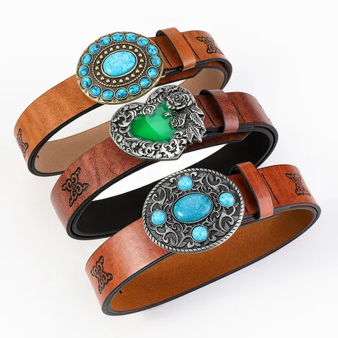Women Vintage Bohemian Embossed PU Leather Belt With Large Carved Alloy Buckle Rhinestone Heart Oval Western Cowboy Waist Belt