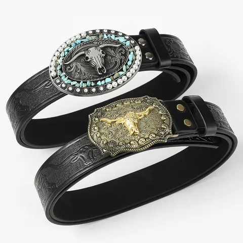 Vintage Western Cowboy Belt For Men Women Embossed PU Leather Waist Belt With Bull Skull Buckle Turquoise Rhinestone Decorative Belt