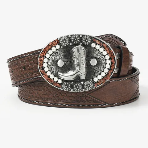 Women's Vintage Western Cowboy Embossed PU Leather Belt With Large Alloy Buckle Rhinestone Faux Artificial Pearl Inlaid Waistband