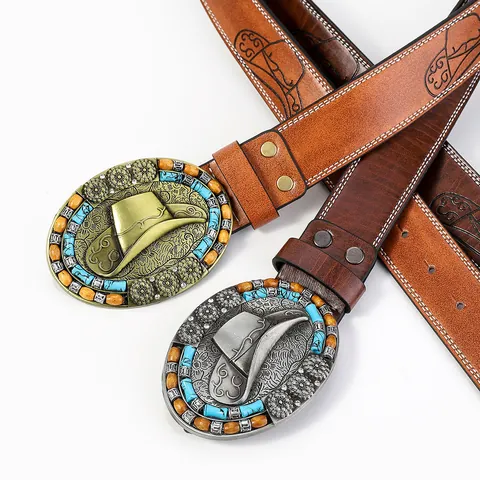 Western Cowboy PU Leather Belt For Men Vintage Punk Waistband With Large Alloy Cowboy Hat Buckle Turquoise Relief Belt