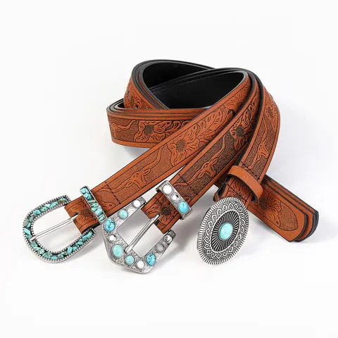 Vintage Western Cowboy Women PU Leather Belt Embossed Floral Bull Head Pattern With Turquoise Inlay Silver Alloy Buckle