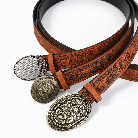Western Retro Embossed PU Leather Belt For Women Antique Bronze Silver Alloy Metal Buckle Floral Bull Head Pattern Bohemian Cowboy Style Waist Belt