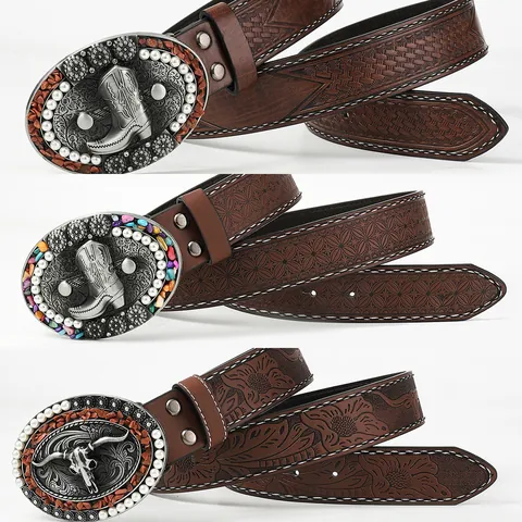 Women's Vintage Western Cowboy Embossed PU Leather Belt With Large Alloy Buckle Rhinestone Faux Artificial Pearl Inlaid Waistband